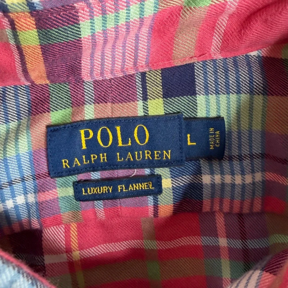Polo Ralph Lauren Luxury Flannel Shirt Mens Large Pink Plaid Long Sleeve Button